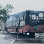 ফটিকছড়িতে বিআরটিসি বাসের চাপায় বাবা-ছেলে নিহতের ঘটনায় আগুনে পুড়ে যাওয়া বাসের দৃশ্য