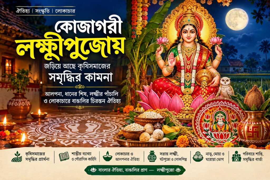 কোজাগরী লক্ষ্মীপুজোয় দেবী লক্ষ্মীর প্রতিমা, ধানের শিষ ও ঐতিহ্যবাহী আলপনা